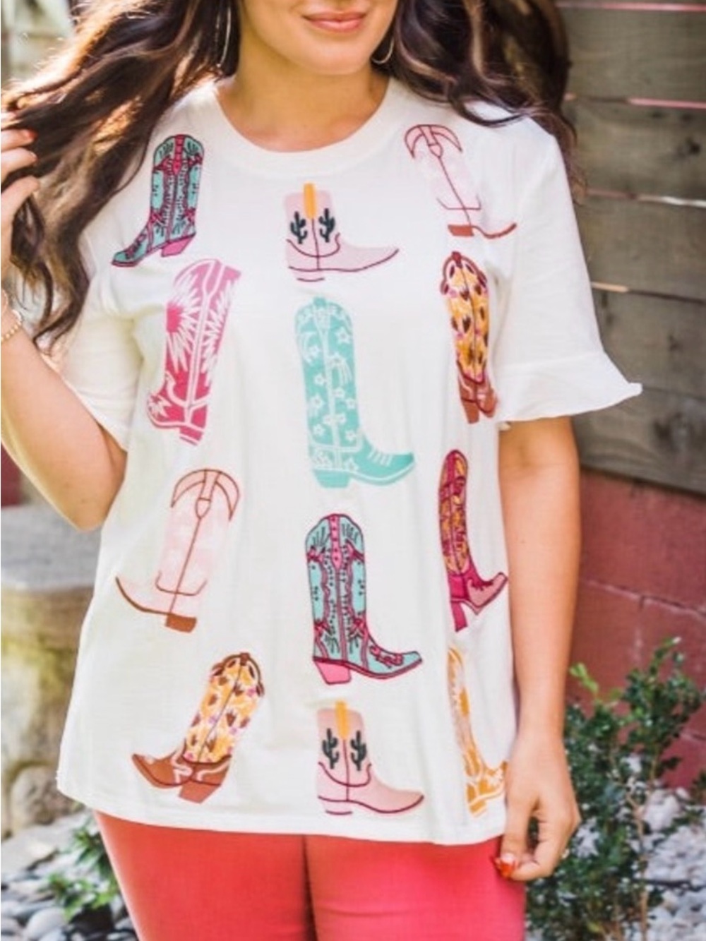 White Short Sleeve Tee with Multicolor Cowboy Boot Appliqués